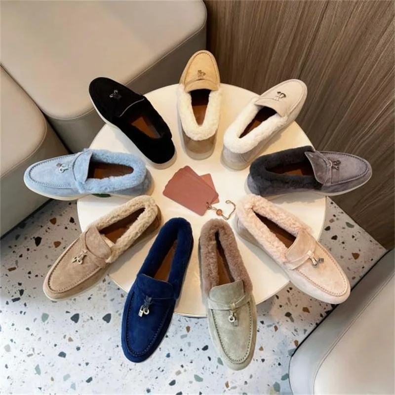 Top Quality Outdoor Winter Warm Loafer Fleece Boots Ladies Fashion Cow Suede Boots Comfortable Loafers Casual Ladies Boots.