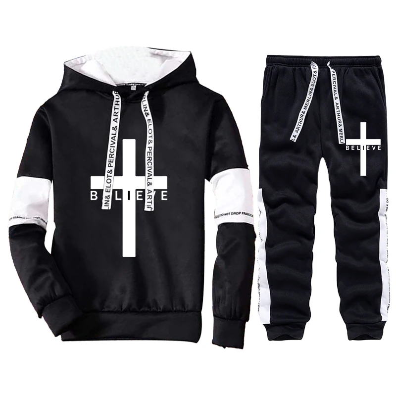 2022 Believe Cross Men's Tracksuit Luxury 2 Piece Set Casual Hoodies Sweatshirt and Sweatpants Suit Sports Print Jogging 3XL
