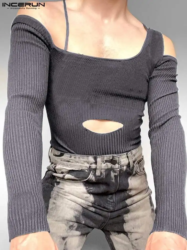 

INCERUN Fashion Men T Shirt Solid Color Off Shoulder Streetwear 2022 Long Sleeve Irregular Tee Tops Hollow Out Sexy Men Clothing