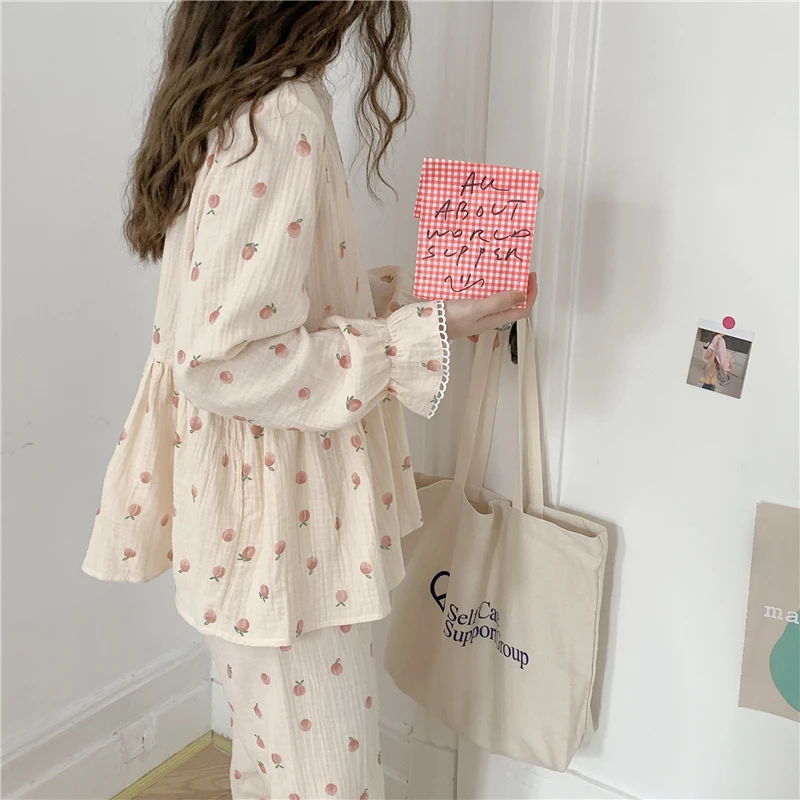 Ins Sweet Pajamas Peach Printed Ruffled Cotton Long Sleeve Sleepwear Women's Spring Trousers Home Clothes Two-piece Set