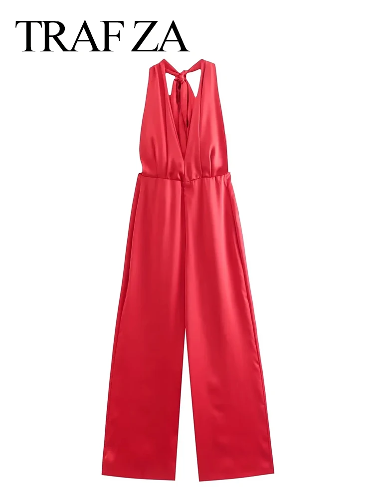 

TRAF ZA 2022 Fashion Ladies One Piece Trousers Elegant Solid Color Red Halter Strap Elegant Backless Slim Fit Wide Leg Pants