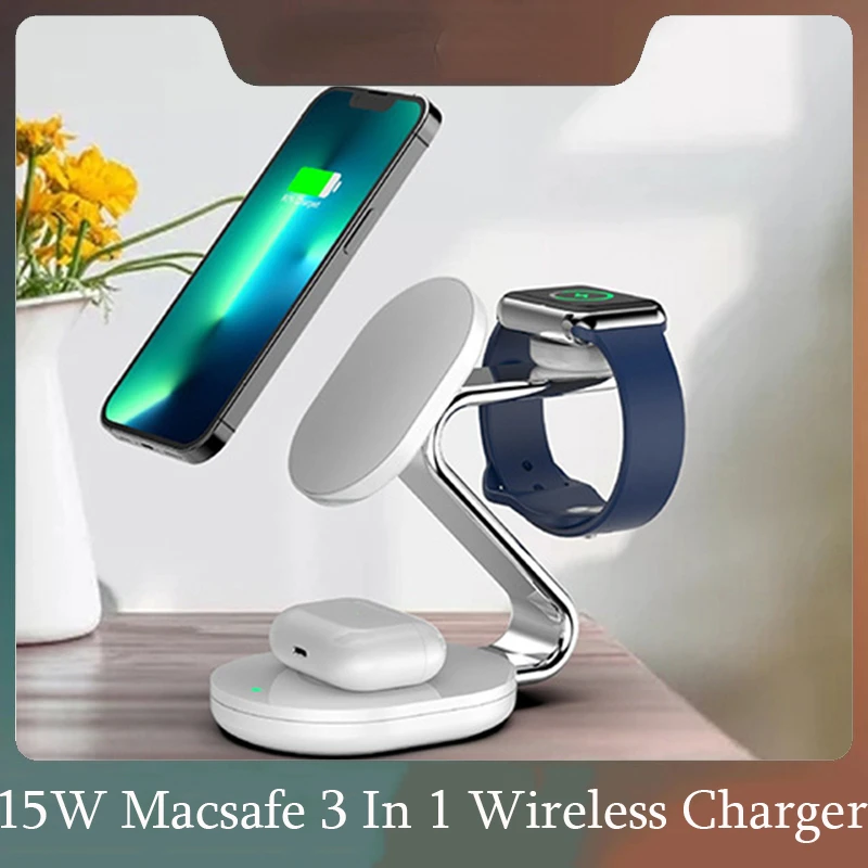 

Беспроводное зарядное устройство Macsafe 3 в 1, 15 Вт, для Iphone 12promax 13, Магнитная Зарядка для Apple Watch Airpods Mini, Беспроводная зарядка 12