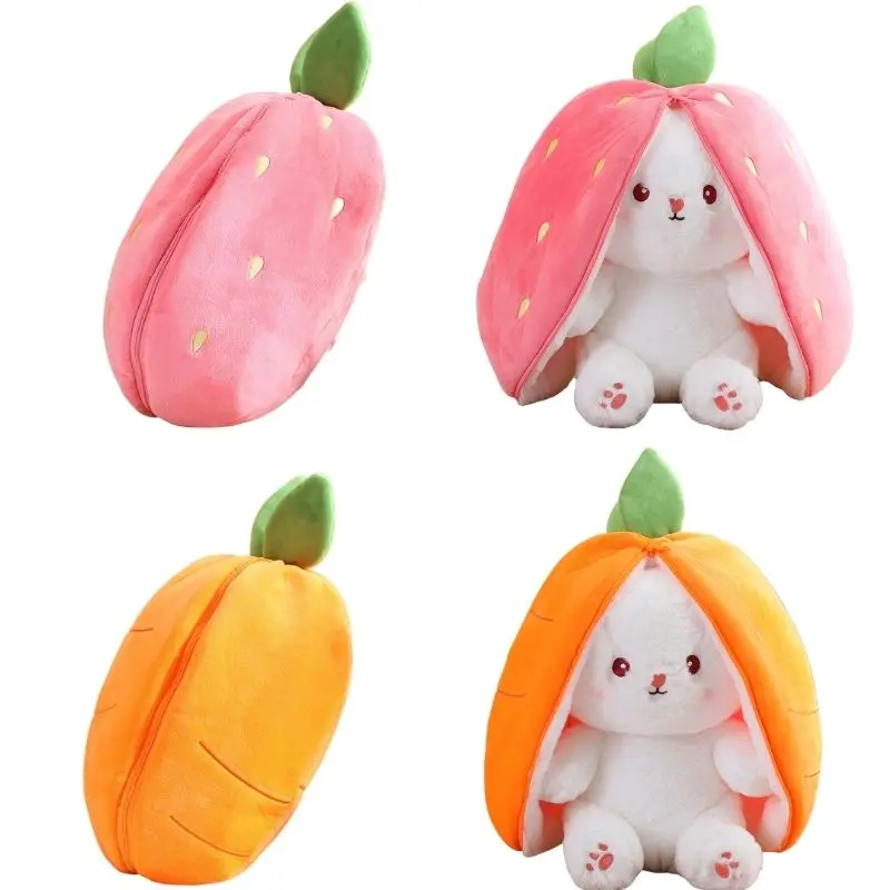 

3PCS Kawaii Fruit Transfigured Easter Bunny Plush Toy Cute Carrot Strawberry Bag Turn Into Rabbit Plush Toy Kids Birthday Gift