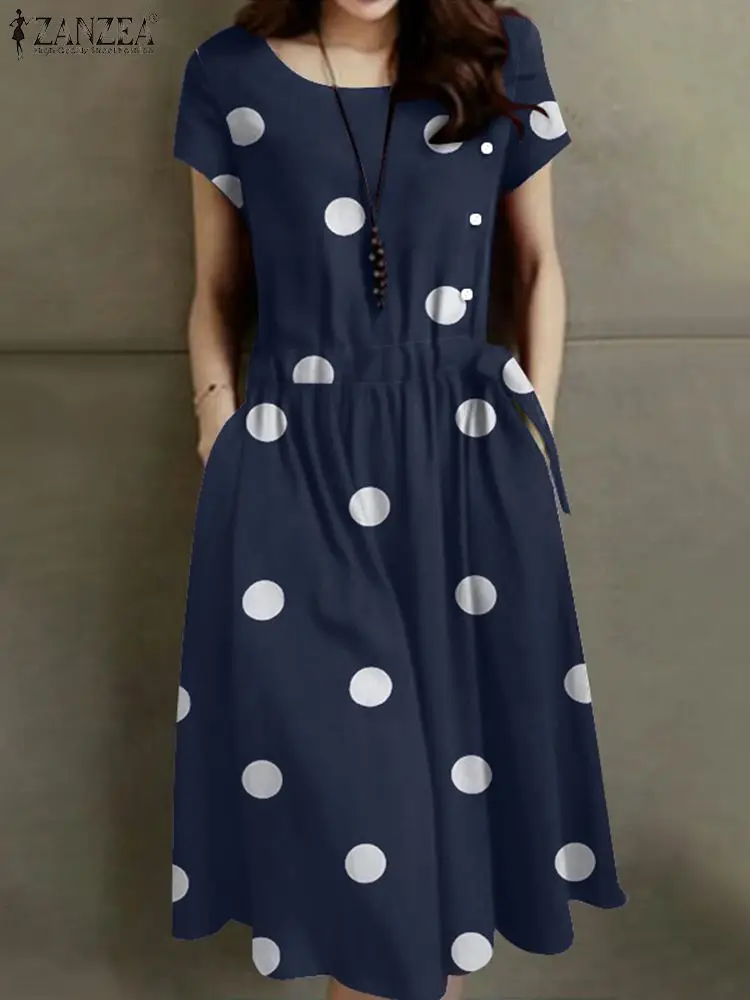 

ZANZEA женское богемное модное повседневное праздничное свободное платье в горошек женское летнее платье с круглым вырезом короткий рукав са...