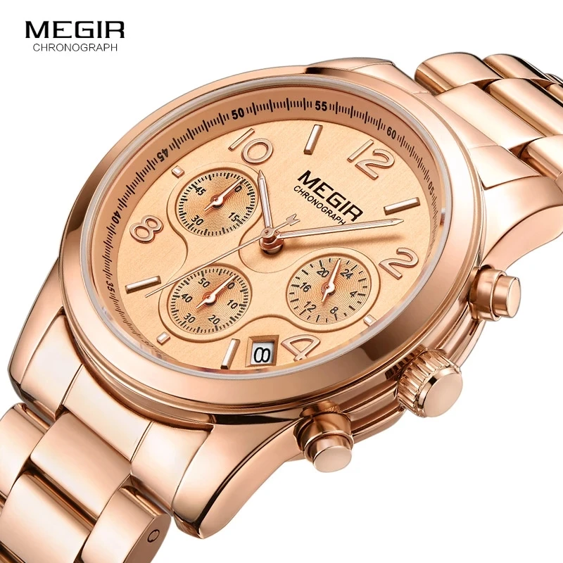 

Мужские часы Megir Uhr 2057, хронограф, кварцевый, Uhren, шикарный, цвет розовое золото