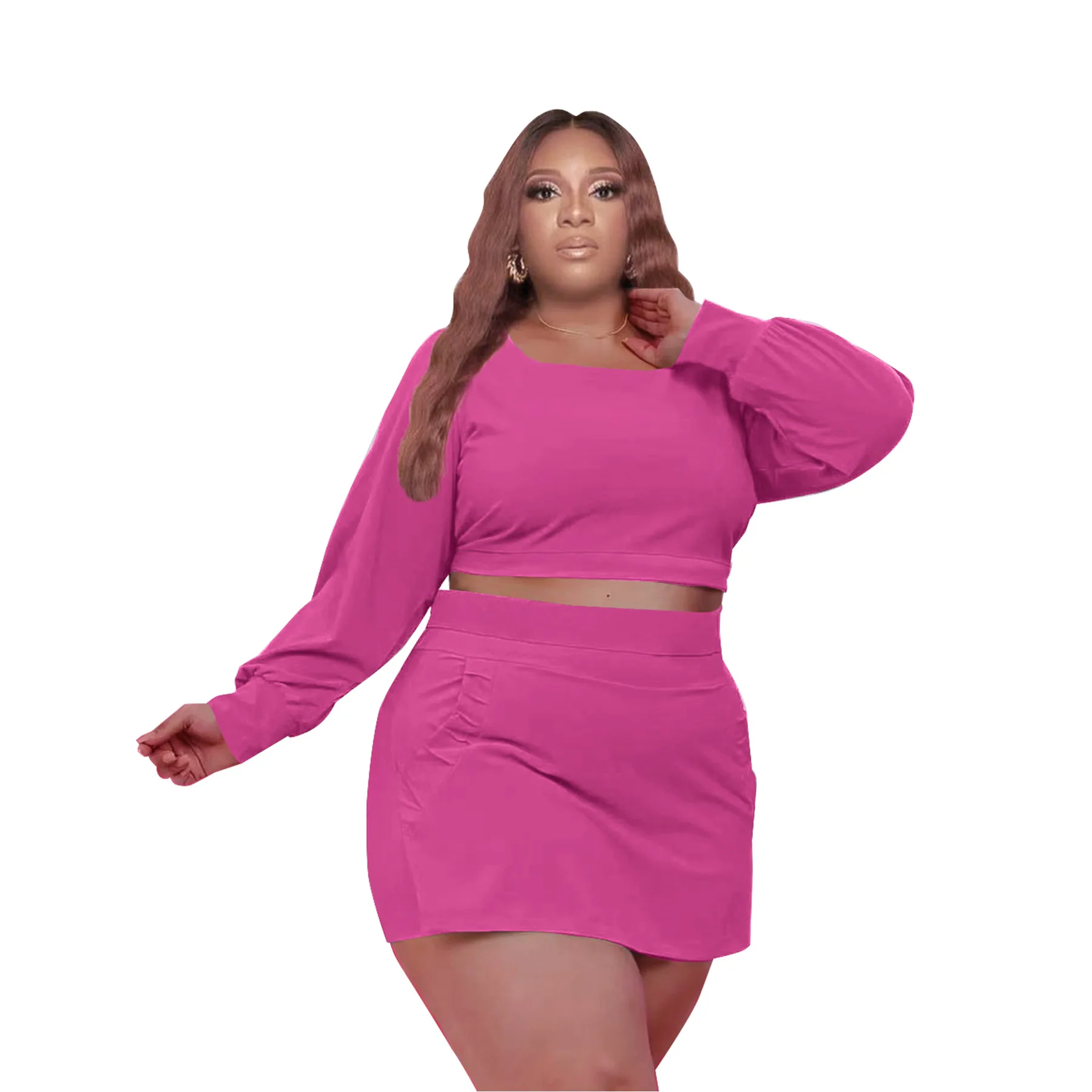 Plus Size Dresses Solid Color Long Sleeve Square Neck Sexy Culottes Sexy Two Piece Set Women Office Lady for Vestidos Slim Fit