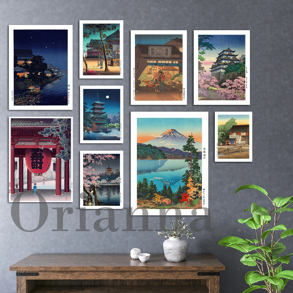 

Japan Tsuchiya Koitsu Vintage Illustration Art Poster Nagoya Castle Nara Kofukuji Temple Geisha And Cherry Tree Wall Art Print