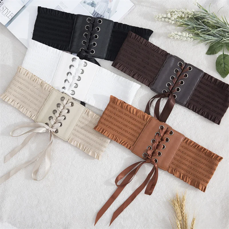 

2023 New Design Women's Black Elastic Wide Waistband Genuine Leather Cummerbund Ladies Designer Overcoat Belt for Women