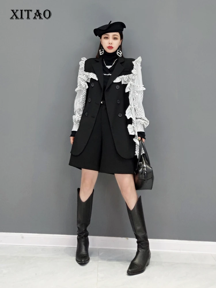 

XITAO Stripe Ruffles Splicing Blazer Coat New Contrast Color Women Street Trendy All-match 2021 Autumn Winter Fashion GWJ1183