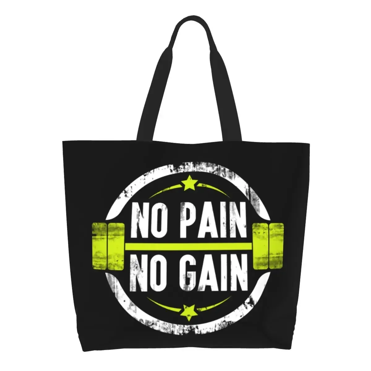 

No Pain No Gain Groceries Shopping Bags Printed Canvas Shopper Shoulder Tote Bags Portable Gym Quote Motivation Fitness Handbag