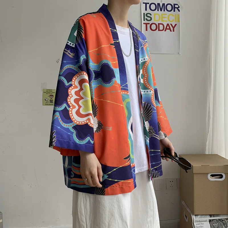 3/4 Sleeve Cotton Men Kimono Robe Casual Loose Hanfu Chinese Style Print Auspicious Clouds Thin Jacket Summer 5XL Home Cardigan