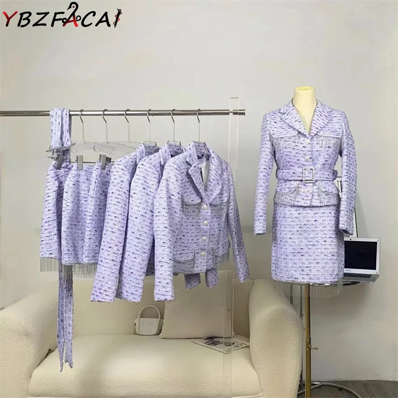 Fall Winter Women Purple Tweed Suit 2022 Tweed Jacket and Mini Skirt 2 Piece Set High-end Pearl Buckle Tweed Coat Cropped Jacket