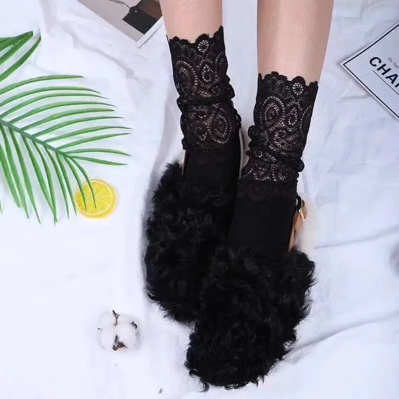 

Женские черные кружевные чулки, прозрачные кружевные чулки из чистого хлопка, японские флисовые Носки, цветные носки для принцесс