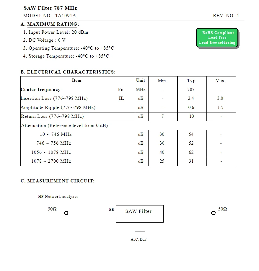 10 шт. TA1091A код JM новый оригинальный 787 МГц упакованный SMD пильный фильтр