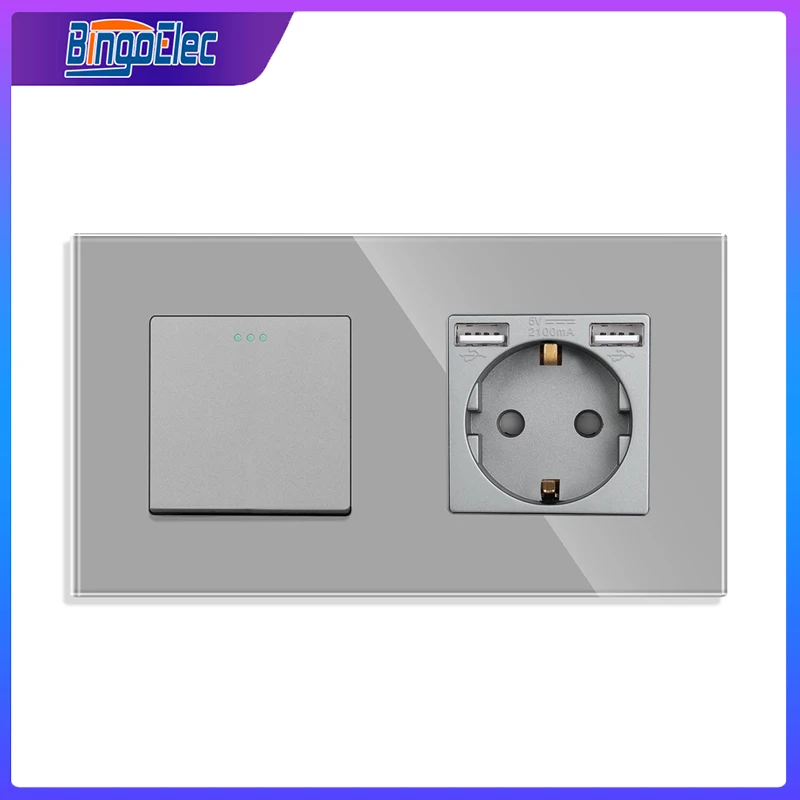 

Bingoelec Button Wall Switch 1/2/3gang 1/2way with Double USB Socket EU Standard Glass Panel Switches Wall Power Outlet for Home