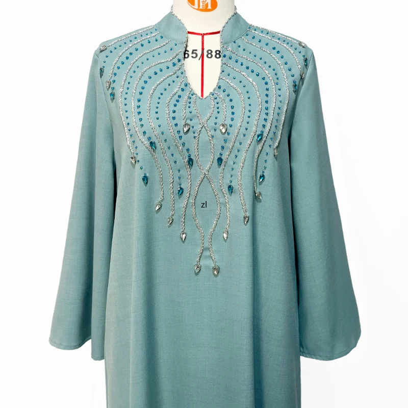 Handstitched Rhinestone Beaded Arabic Robe Vintage Ethnic Moroccan Kaftan Dubai Abaya Dress Ramadan Eid-al-Adha 2023 Party Wears