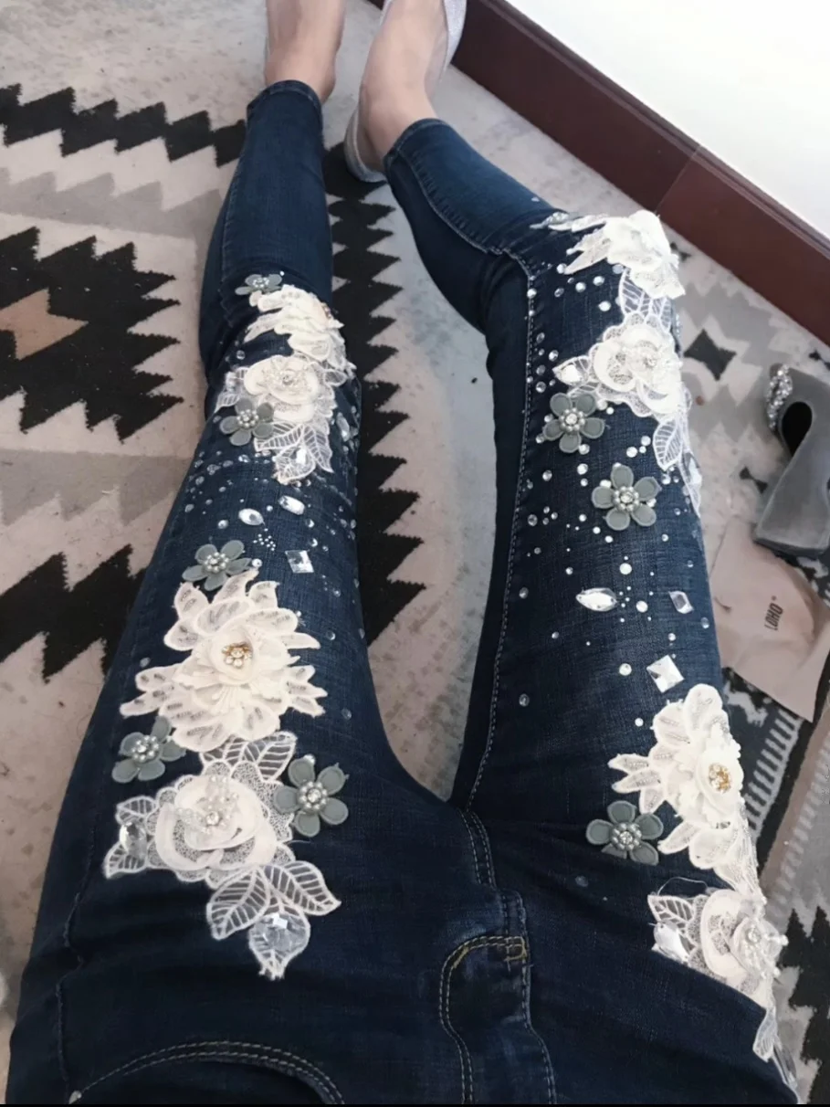 Европейские тяжелые бусины Стрейчевые брюки для ног осенняя одежда 2024 новая мода