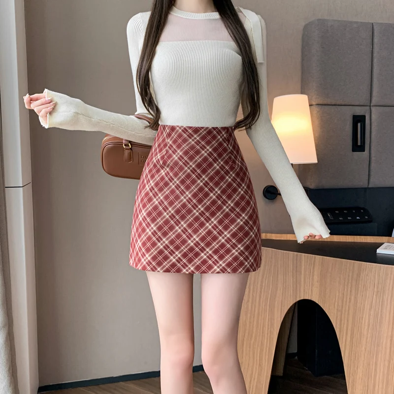 Женская клетчатая мини-юбка с высокой талией красно-черная универсальная юбка в