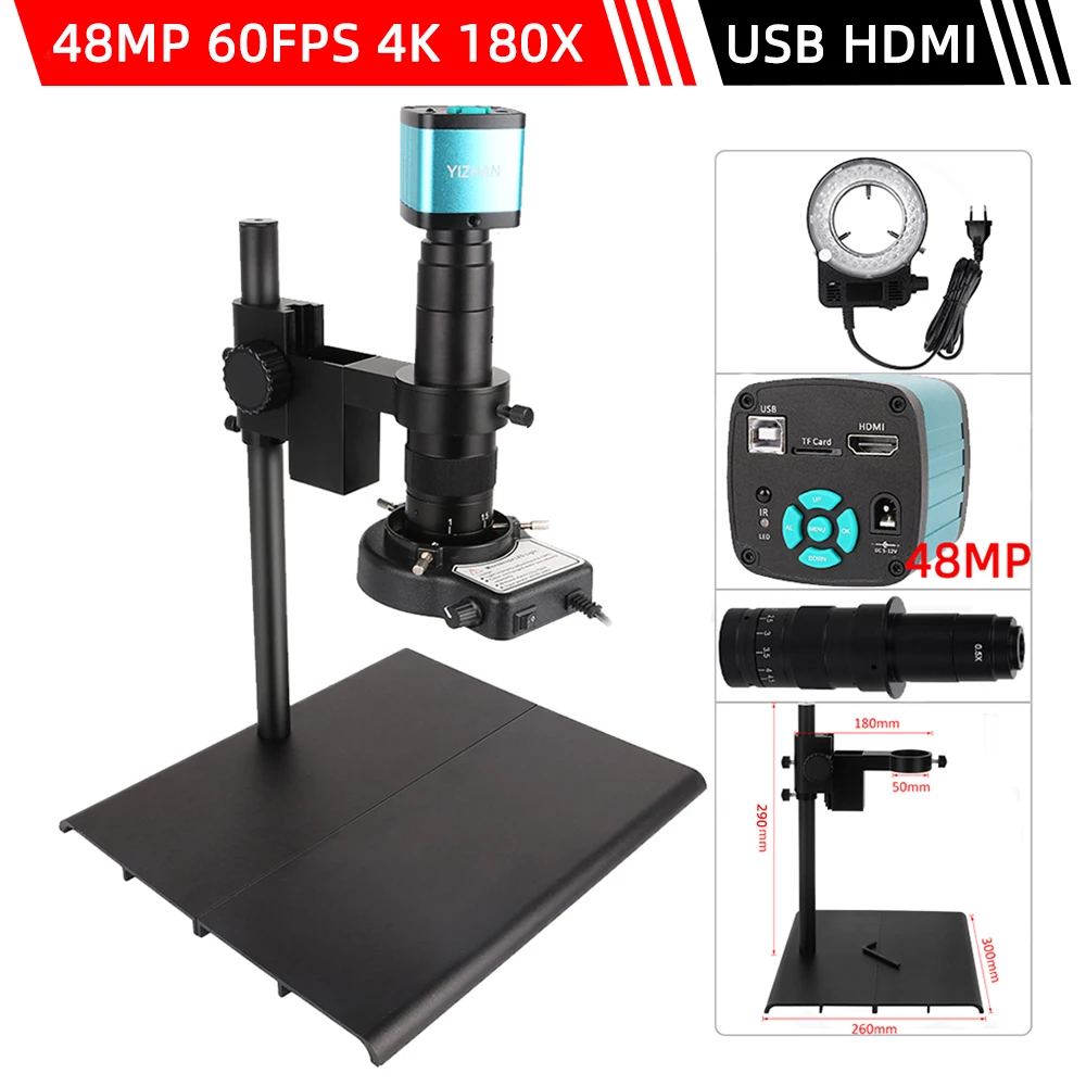 48MP 4K HDMI Digital Microscope For Electronics Soldering Electron Microscope 130x/180X Lens LED Light Microscope Camera Full HD