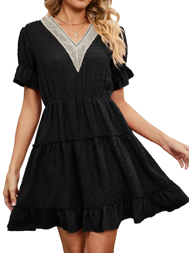 Women Casual Lace V Neck Dress 2023 Summer Loose Breathable Short Sleeve Dresses for Women's High Waist Casual Dress