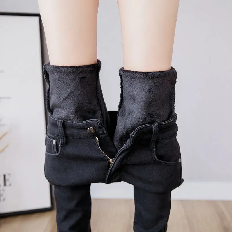 

Женские джинсы с бархатной подкладкой, зимние облегающие эластичные джинсы с высокой талией в Корейском стиле, верхние хлопковые брюки