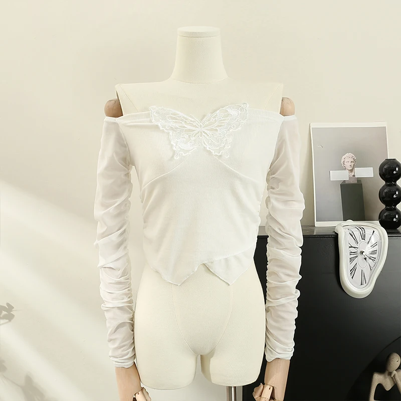 

Пикантная Сетчатая футболка Spice Girl на одно плечо с длинным рукавом, Женский Осенний винтажный облегающий короткий белый укороченный топ с бабочками 2023