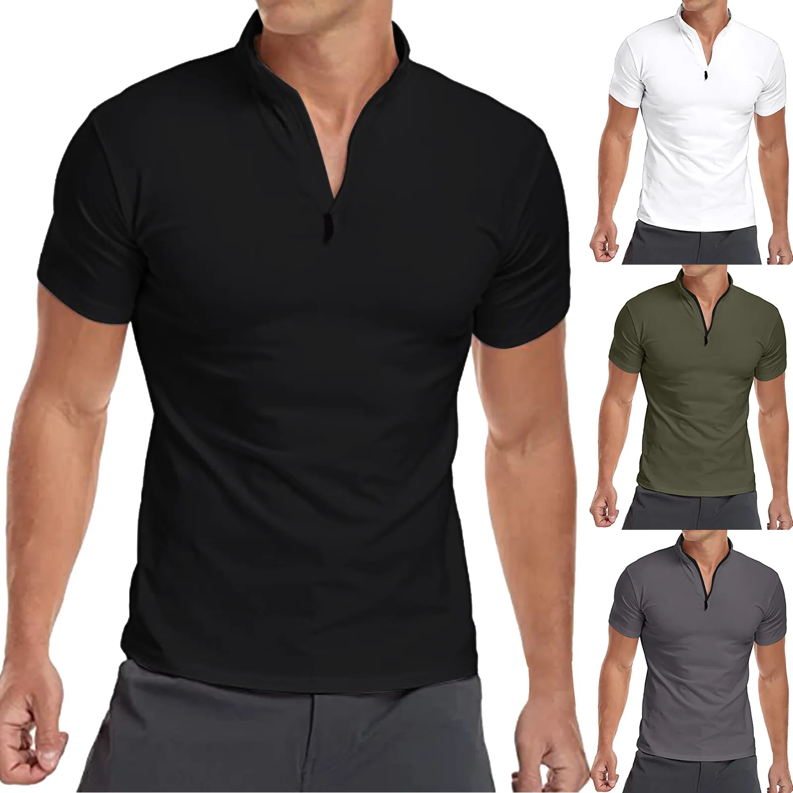 

2023 Summer Handsome Men's Fashion Casual Sports Breathable Solid Neck Short Sleeve Shirt Top 95 Cotton 5 Spandex T-shirt
