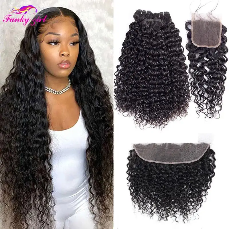 Peruvian Water Wave Bundles With Closure 8-34Inch Natural Wave Hair Extension Remy Human Hair Bundels With Frontal