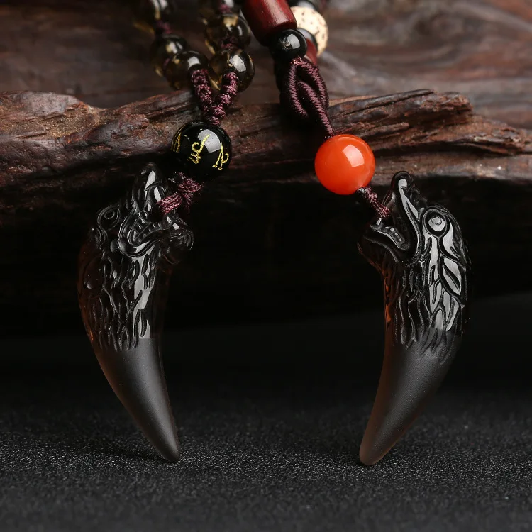 

Natural Ice Obsidian Wolf Tooth Pendant Necklace Mens Charm Jewellery Fashion Accessories Hand-carved Amulet Woman Luck Gifts