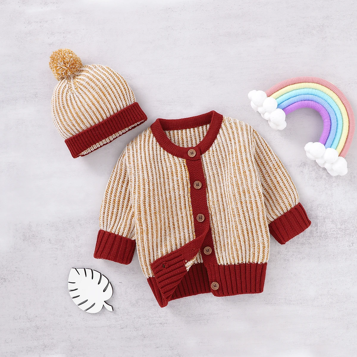 

Baby Swaters Autumn Solid Long Sleeve Newborn Boys Girls Knitted Cardigans Hats Clothes Sets Winter Toddler Infant Knitwear 0-2Y