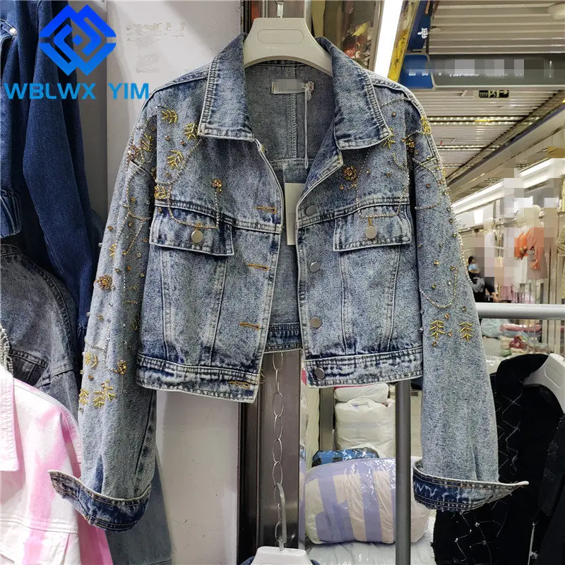 

Джинсовая куртка женская с отворотом, модная короткая джинсовая куртка с длинным рукавом, с бисером и стразами, свободная повседневная верх...