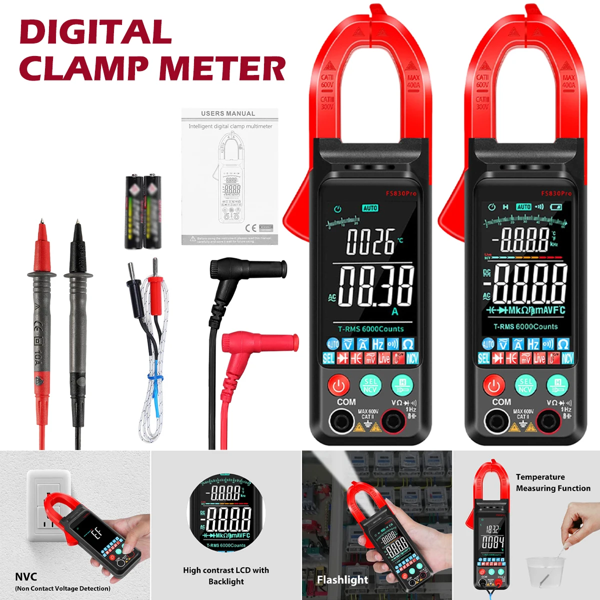 

DC/AC Current Digital Clamp 6000 Counts Multimeter Tester LCD Display Voltmeter Backlight Auto Ranging Tester for Measurement