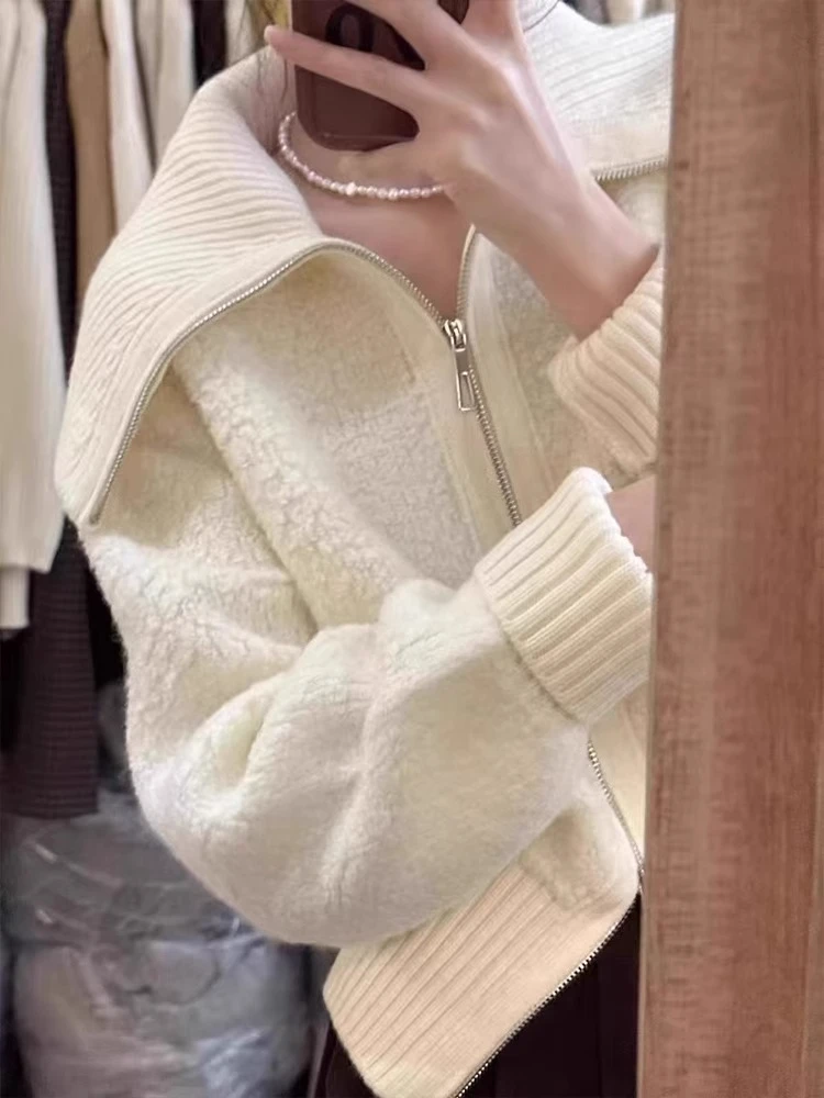 Белый свитер на молнии с большими лацканами High Sense верхняя одежда женская