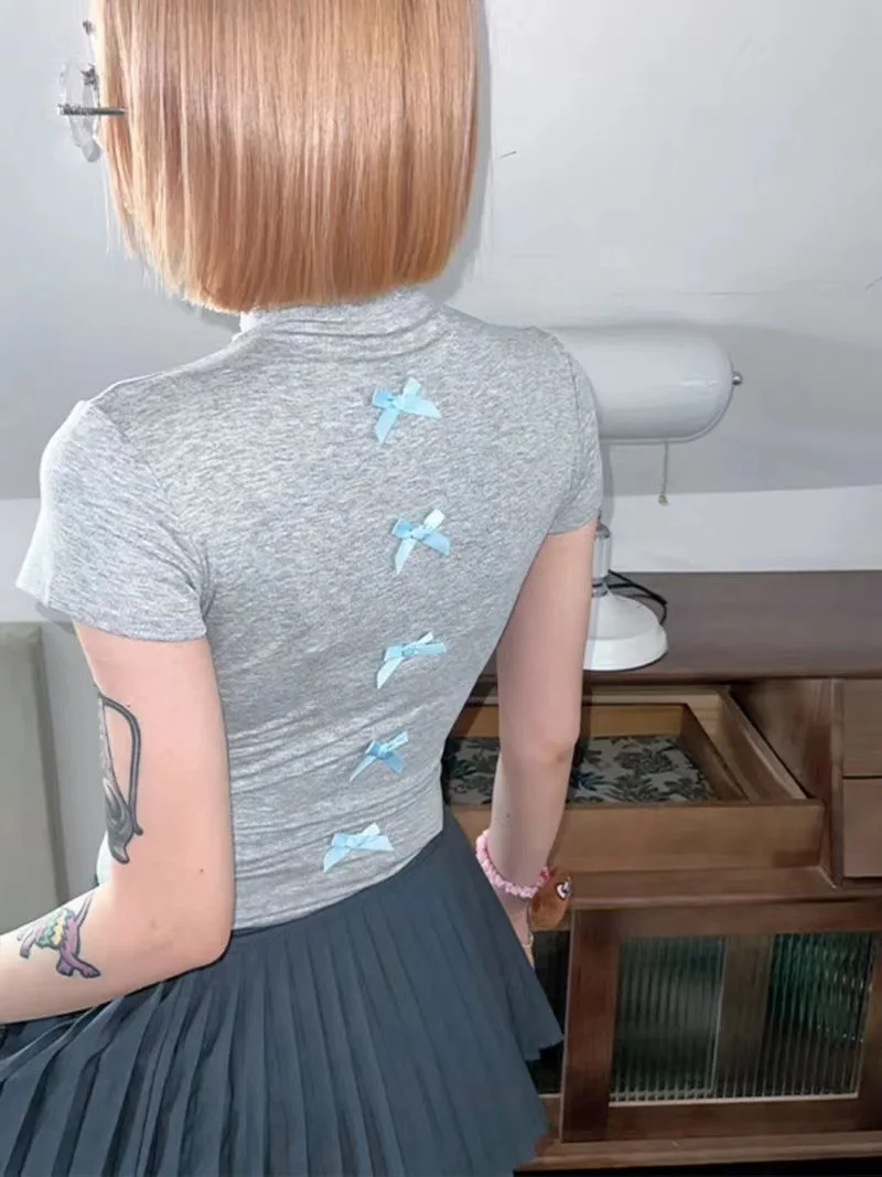 Y2k Millenial Bow Hot Drill Половина высокой шеи Сексуальная тонкая футболка с короткими