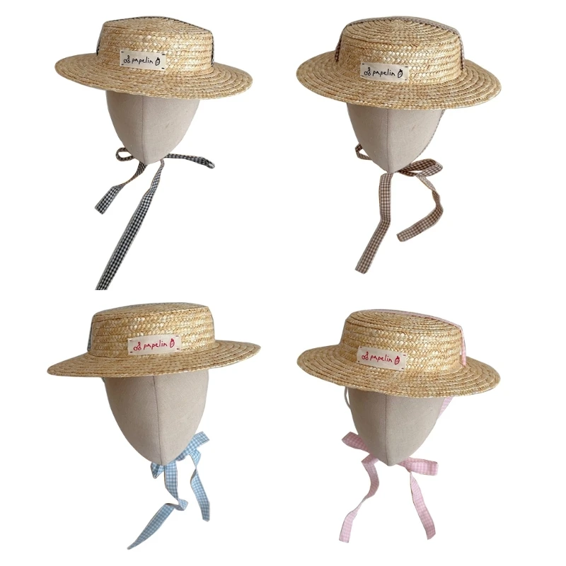 

Summer Big Brim Kids Straw Hat with Straps Children Panama Cap for Girs Boys P31B