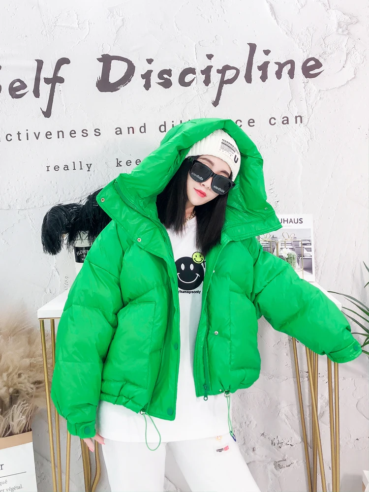 Top Quality Fashion Winter Jacket Women Candy Color Casual All-Match Multi-Pocket Bread Coat For Women Shiny Big Hooded Parkas
