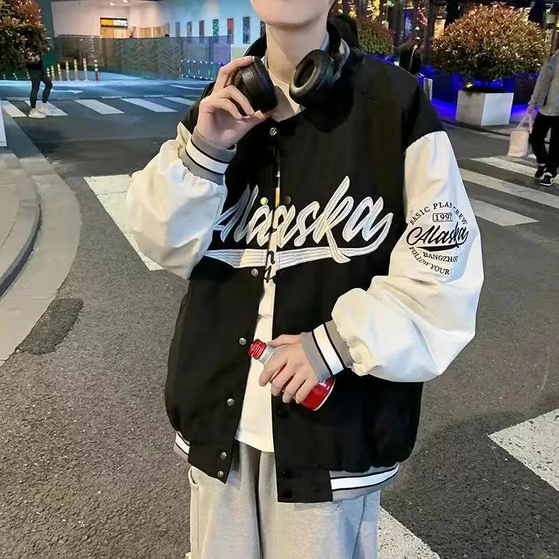 

Куртка мужская демисезонная, тонкая куртка-бомбер, однобортная, винтажная, с вышивкой бейсбольной надписью, Черная