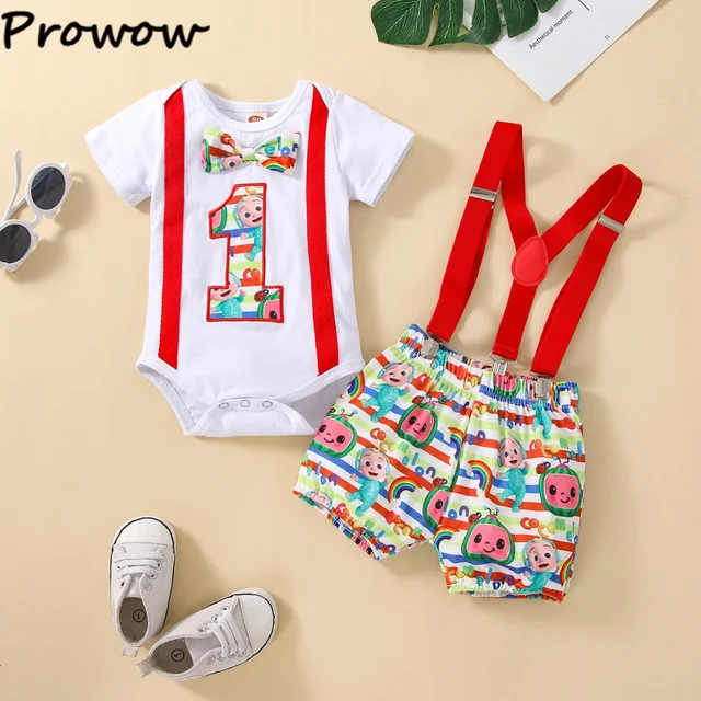 Prowow 0-18M Baby Boy First Birthday Outfits Cartoon Smile Printed Number"1" Romper+Suspender Overalls Hundred Day Baby Clothes 1