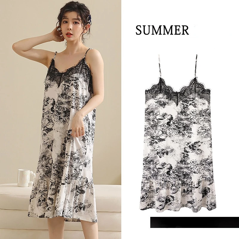 Sexy Women Nightgowns Ice Silk Nightdress Female SleepDress Floral Sleepshirt Sleepwear Sleeveless Nightwear Homewear Pajama