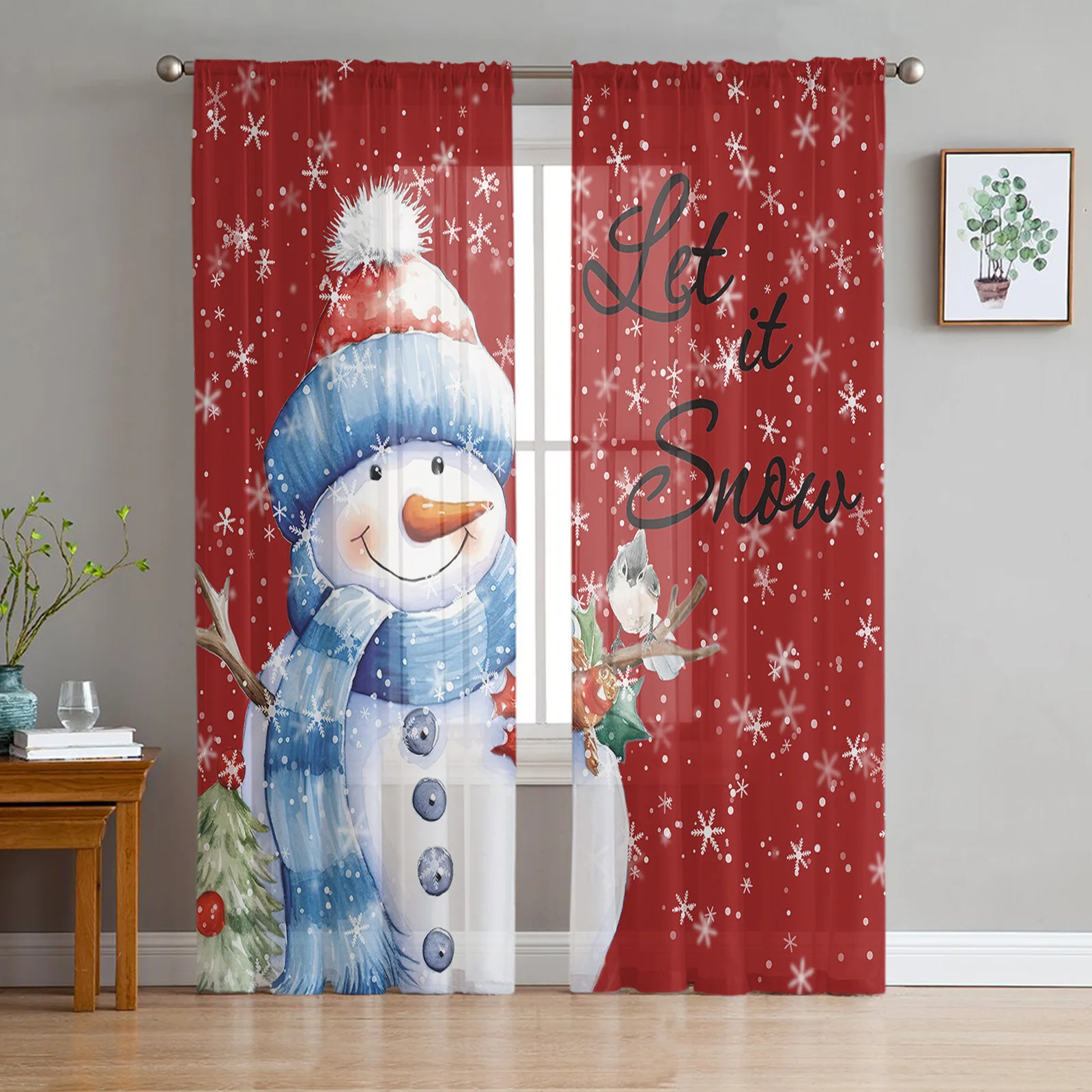 

Тюлевые шторы с рождественской елкой, снеговиком, снежинкой, птицей, для гостиной, спальни, Фотошторы из тонкой ткани для балкона