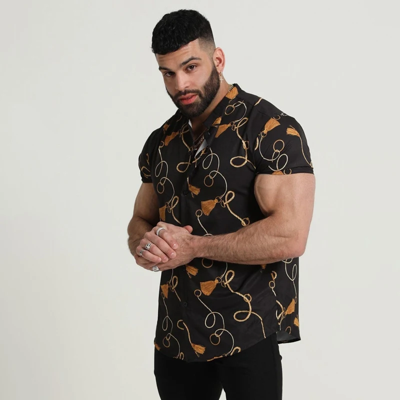 2022 summer hot selling European and American style men's short-sleeved cardigan fashion printing casual shirt