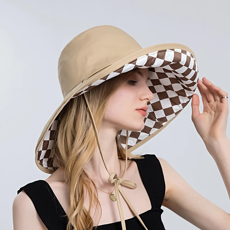 

Double-sided Plaid Fisherman Hats for Women Panama Spring Summer Lady Foldable Sunscreen Big Edge Bucket Hat with Ponytail Caps