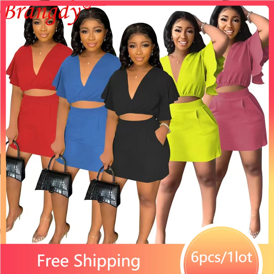

6sets Skirt Suit Two Piece Dress Sets Women 2022 Summer Fashion Solid Casual Crop Top Outfits Clothing Wholesale B9799