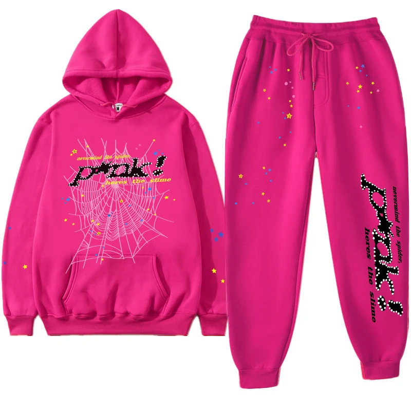 

High Quality Young Thug Pink Sp5der 555555 Hoodie Men Women 1:1 Print Spider Web Graphic 555555 Sweatshirts Pullovers Men's Set