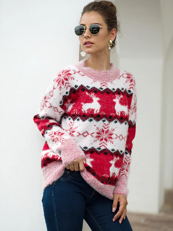 

Autumn Knited Christmas Sweaters Womens Pullover Winter 2022 Snowflake Fawn Soft Imitation Mink Sweaters Female Jumper Pullovers