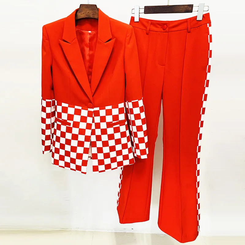 High Quality Blazer Pantsuits Women Elegant Fashion 2023 New White Chequer Designer Runway Suit Single Button Trousers Sets