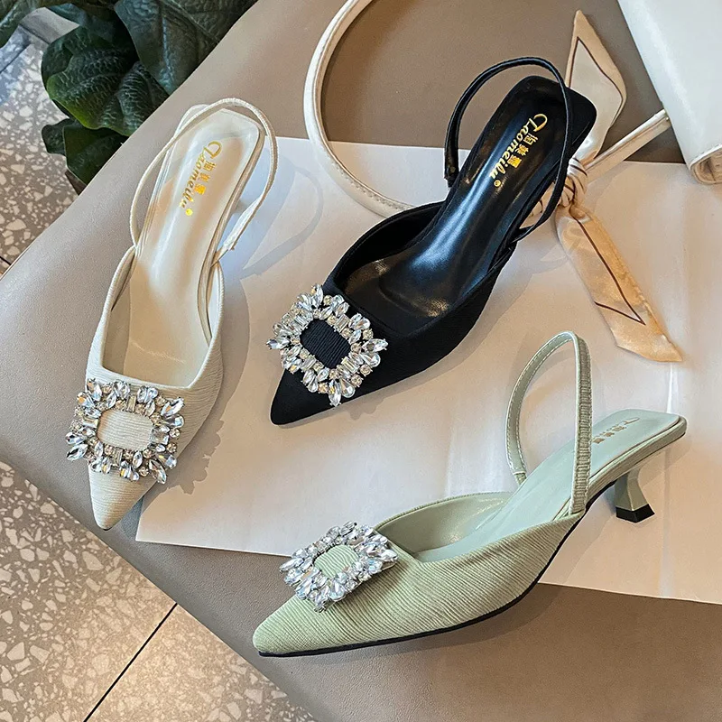 

Woman Slip on Pumps Rhinestones Mules Back Strap Pointed Toe Sandals Fashion Spike Heels Slides Big Sized Slingback Shoes Women