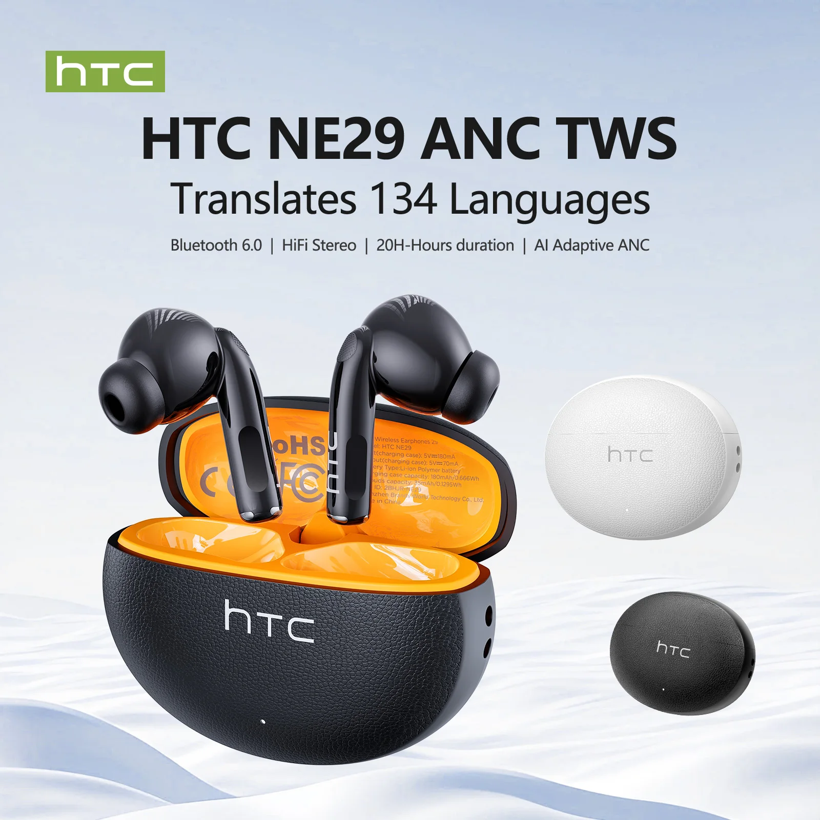Фото Беспроводные Bluetooth-наушники HTC NE29 ANC с шумоподавлением, Hi-Fi стереозвуком, микрофоном для HD-звонков и спортивным дизайном №1