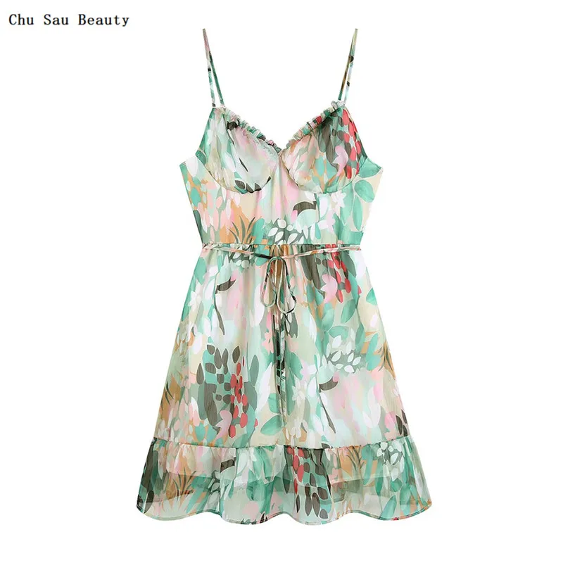 

Chu Sau Beauty 2022 Summer Women New Ruffled Chiffon Mini Dress Fashion Sexy V-Neck Sleeveless Beach Resort Style Dress