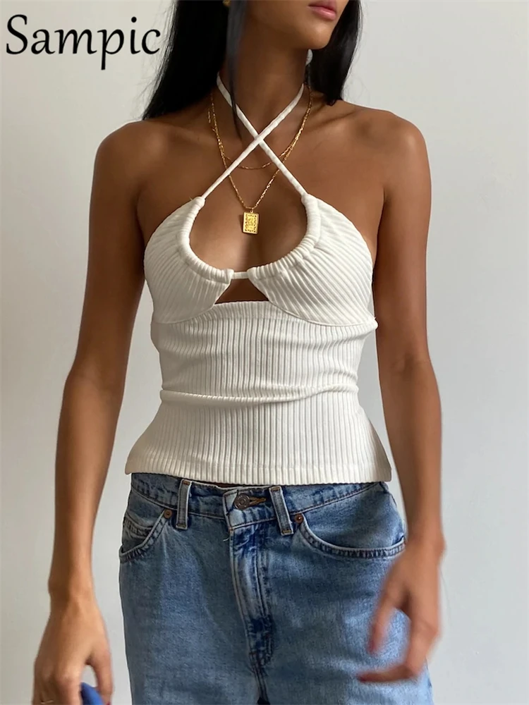 

Sampic Summer 2022 New Fashion Tie Up Ribber Knitted Halter Crop Tops Y2K Women Sexy Off Shoulder Backless Tank Tops Outfits